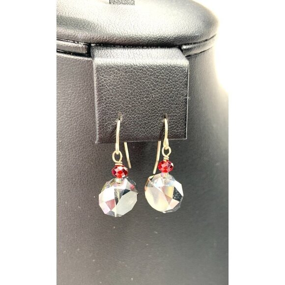 Multi Faceted Beaded Drop Earrings Gray/Red 1" x 0.5" - Picture 2 of 5